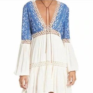 NWOT Free People Blue and White Embroidered Long Sleeve Dress